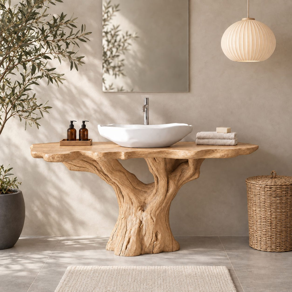 Rustic Tree Stump Bathroom Vanity 30-80 Inch, Weathered Trunk Base with Rough Scalloped Live Edge Top