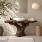 Rustic Tree Stump Bathroom Vanity 30-80 Inch, Weathered Trunk Base with Rough Scalloped Live Edge Top