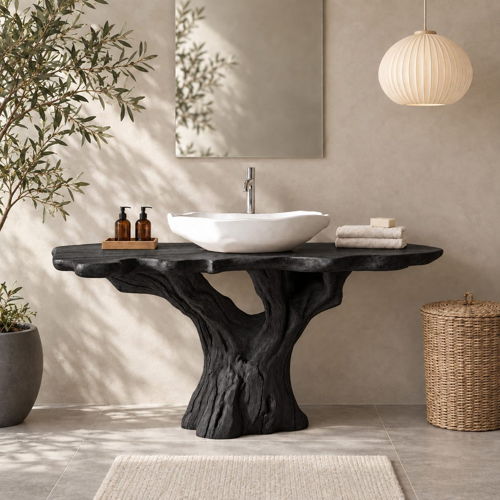Rustic Tree Stump Bathroom Vanity 30-80 Inch, Weathered Trunk Base with Rough Scalloped Live Edge Top