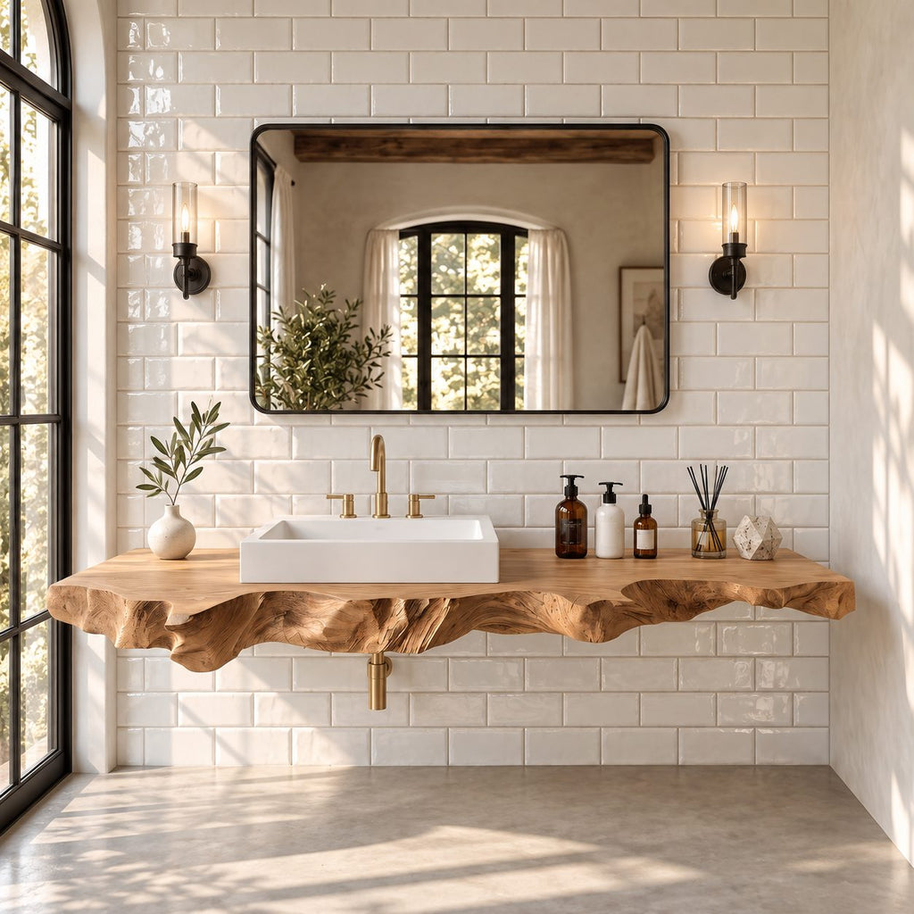 Live Edge Bathroom Vanity 20-71 Inch, Floating Raw Edge Wood Countertop for Coastal Bathroom