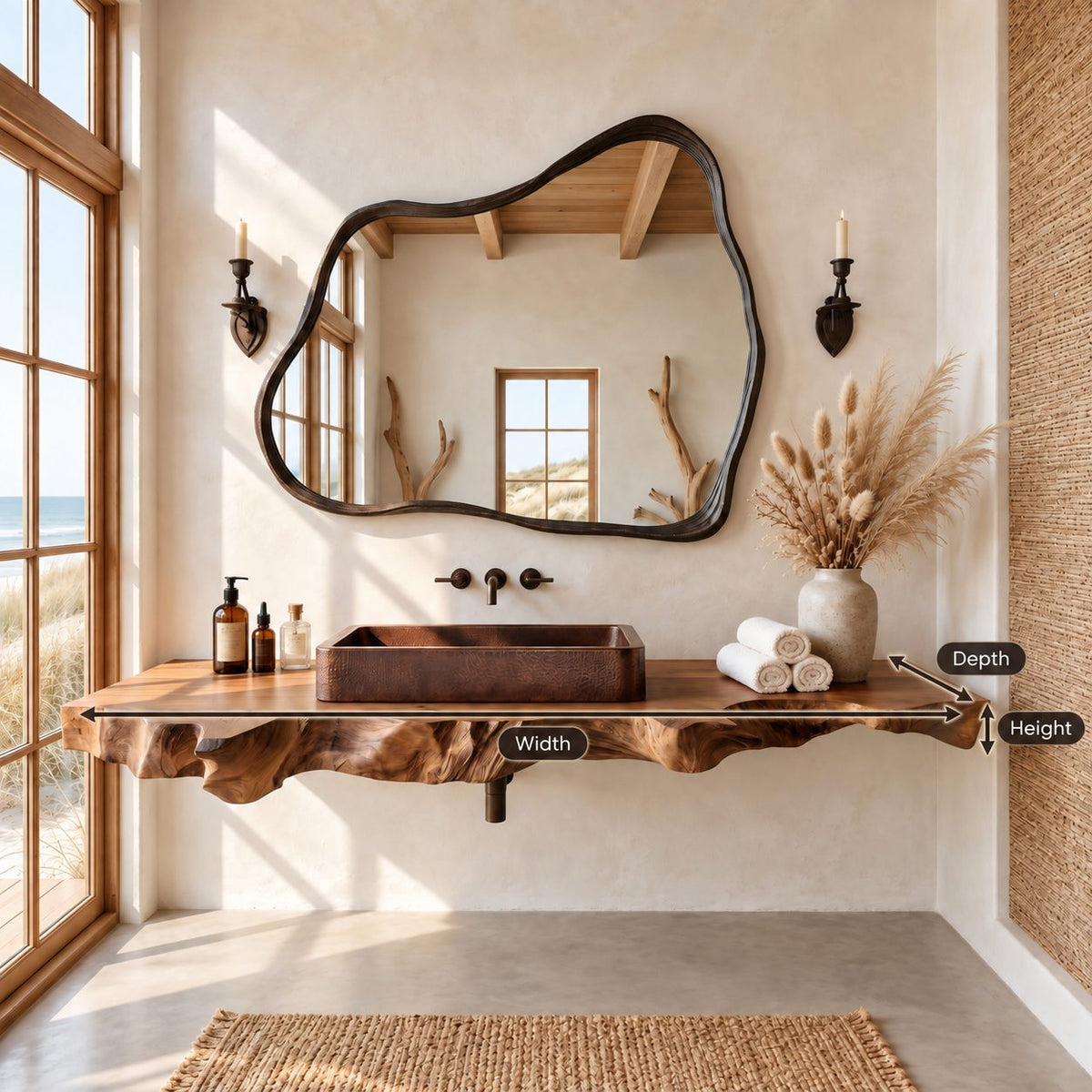 Live Edge Bathroom Vanity 20-71 Inch, Floating Raw Edge Wood Countertop for Coastal Bathroom