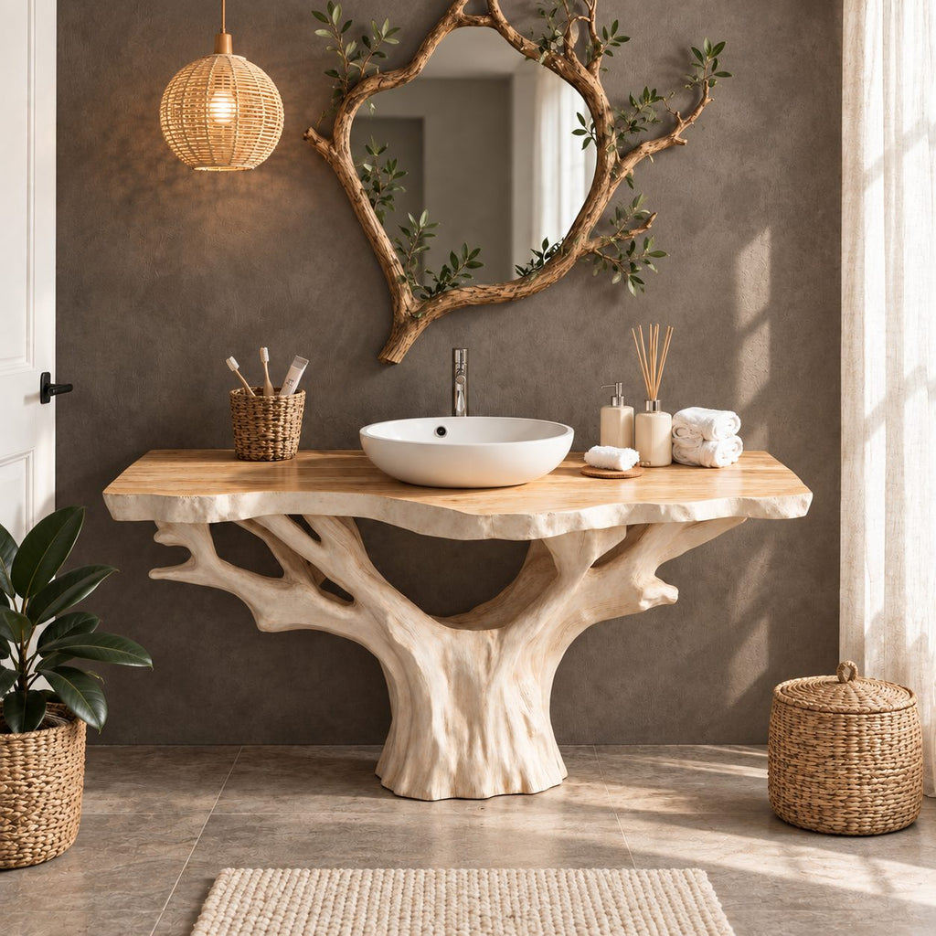 Wide Canopy Tree Bathroom Vanity 30-80 Inch, Massive Trunk with Spreading Branches Under Live Edge Top