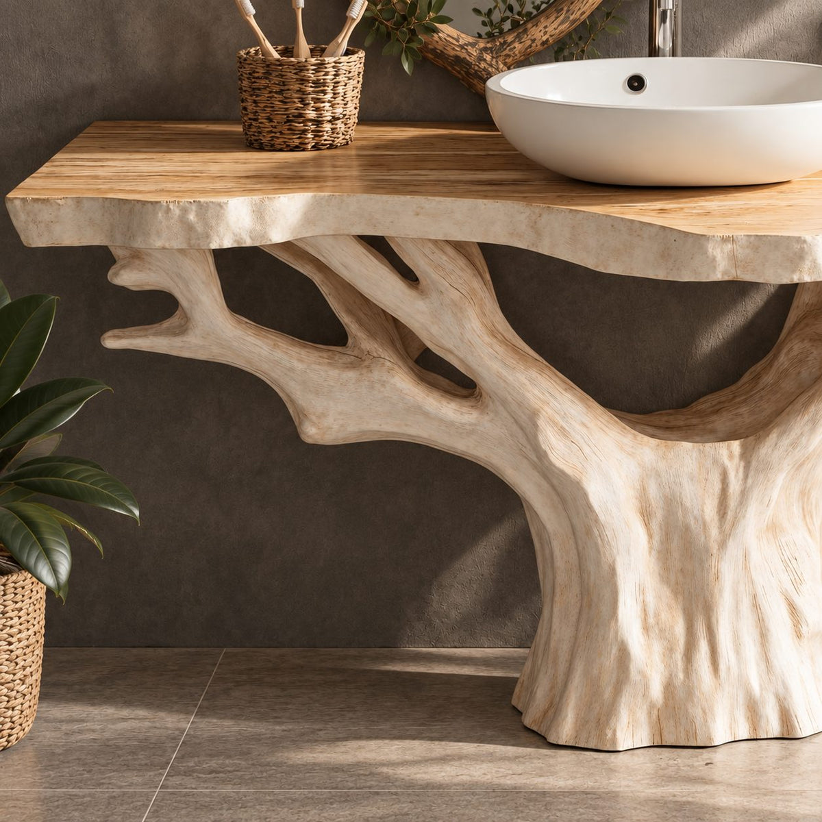 Wide Canopy Tree Bathroom Vanity 30-80 Inch, Massive Trunk with Spreading Branches Under Live Edge Top
