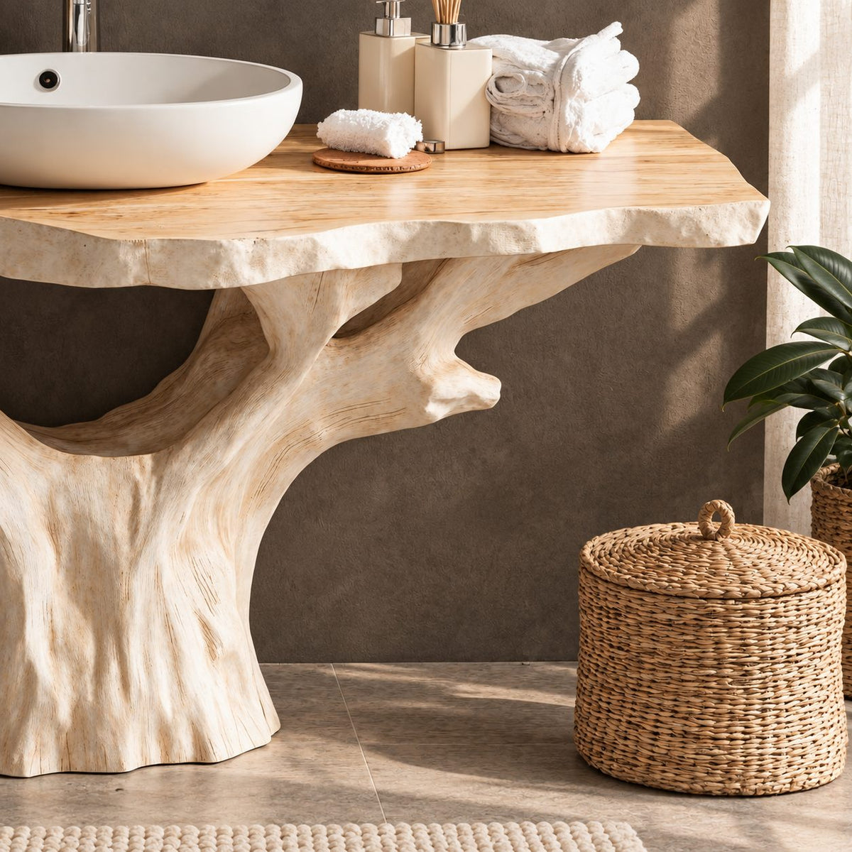 Wide Canopy Tree Bathroom Vanity 30-80 Inch, Massive Trunk with Spreading Branches Under Live Edge Top