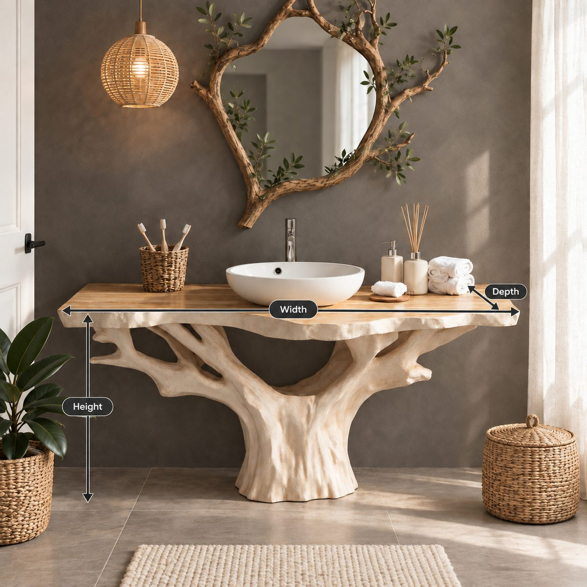 Wide Canopy Tree Bathroom Vanity 30-80 Inch, Massive Trunk with Spreading Branches Under Live Edge Top