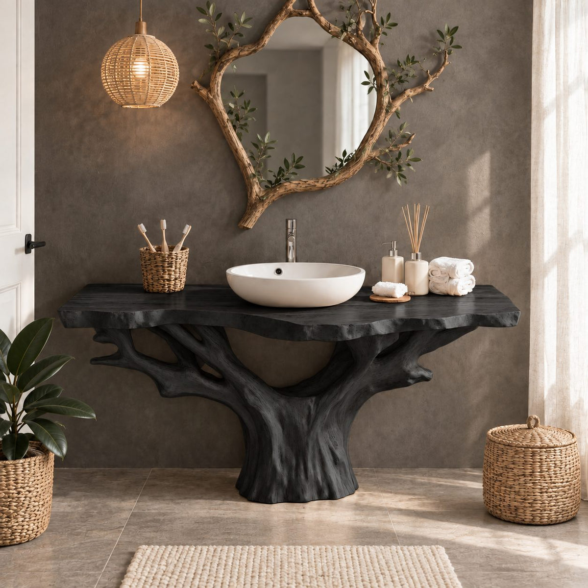 Wide Canopy Tree Bathroom Vanity 30-80 Inch, Massive Trunk with Spreading Branches Under Live Edge Top