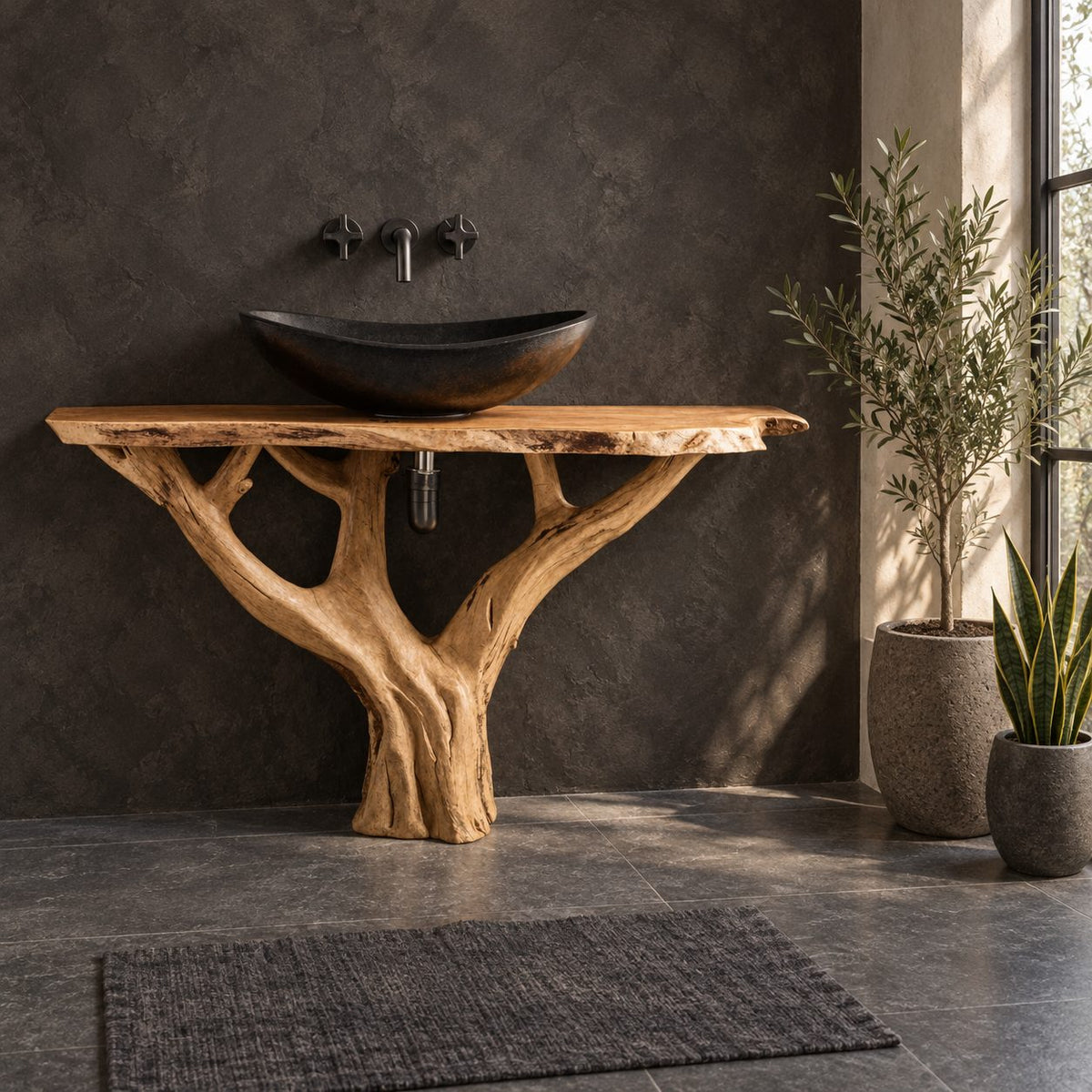 Y Branch Tree Bathroom Vanity 30-80 Inch, Open Branch Frame Trunk Under a Slim Live Edge Top