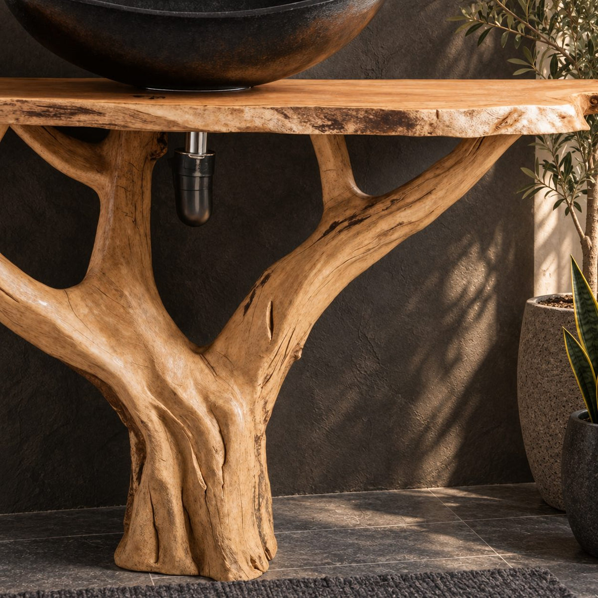 Y Branch Tree Bathroom Vanity 30-80 Inch, Open Branch Frame Trunk Under a Slim Live Edge Top