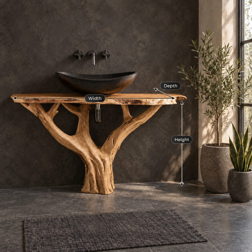Y Branch Tree Bathroom Vanity 30-80 Inch, Open Branch Frame Trunk Under a Slim Live Edge Top