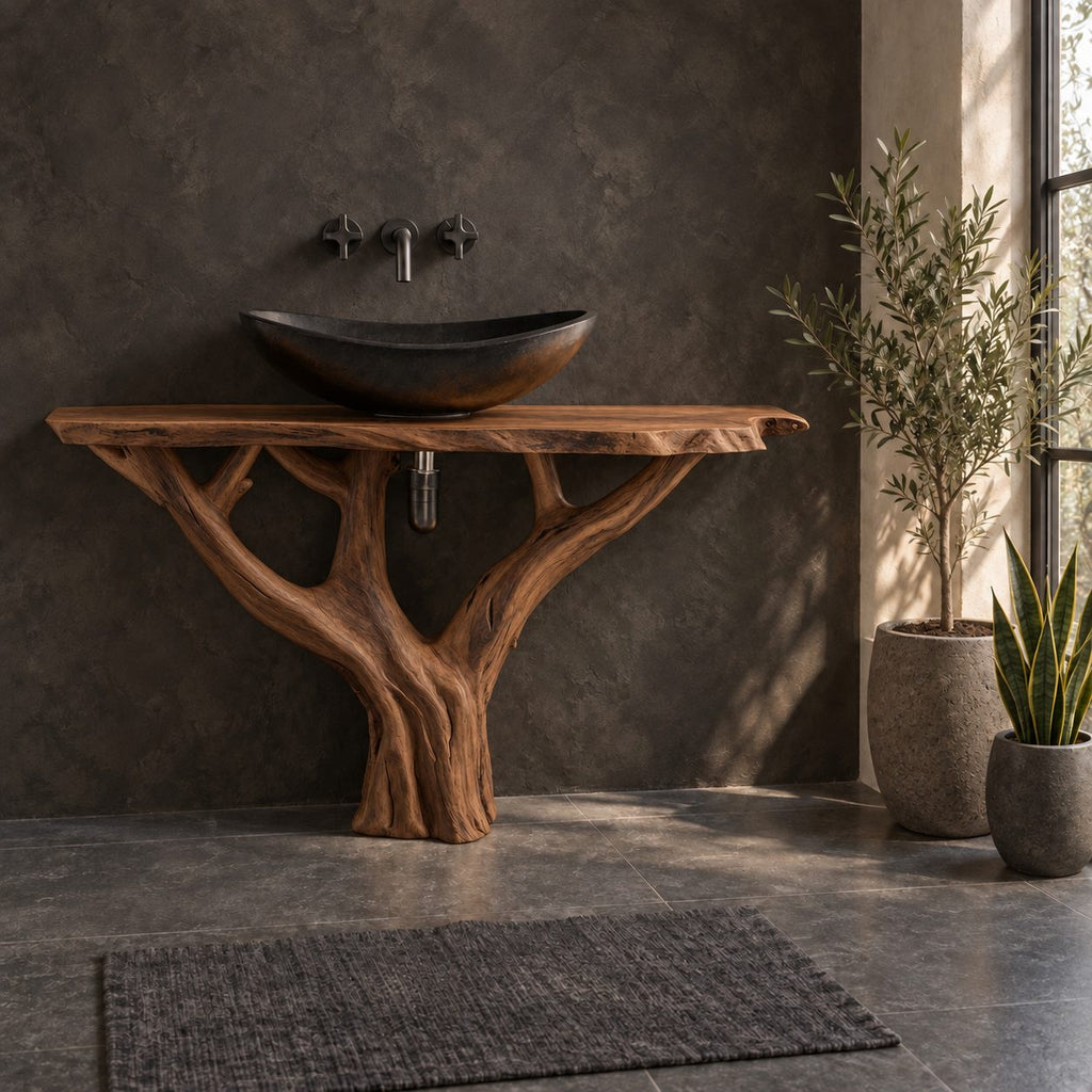 Y Branch Tree Bathroom Vanity 30-80 Inch, Open Branch Frame Trunk Under a Slim Live Edge Top