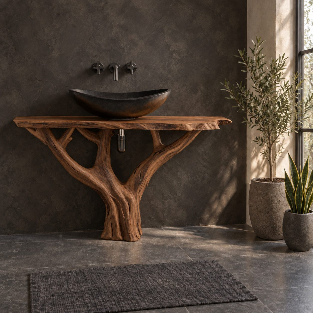 Y Branch Tree Bathroom Vanity 30-80 Inch, Open Branch Frame Trunk Under a Slim Live Edge Top