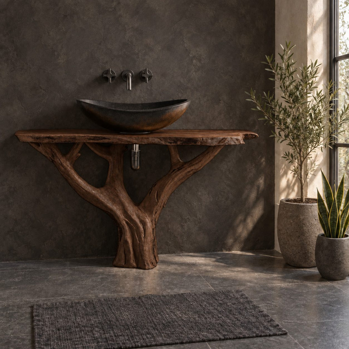 Y Branch Tree Bathroom Vanity 30-80 Inch, Open Branch Frame Trunk Under a Slim Live Edge Top