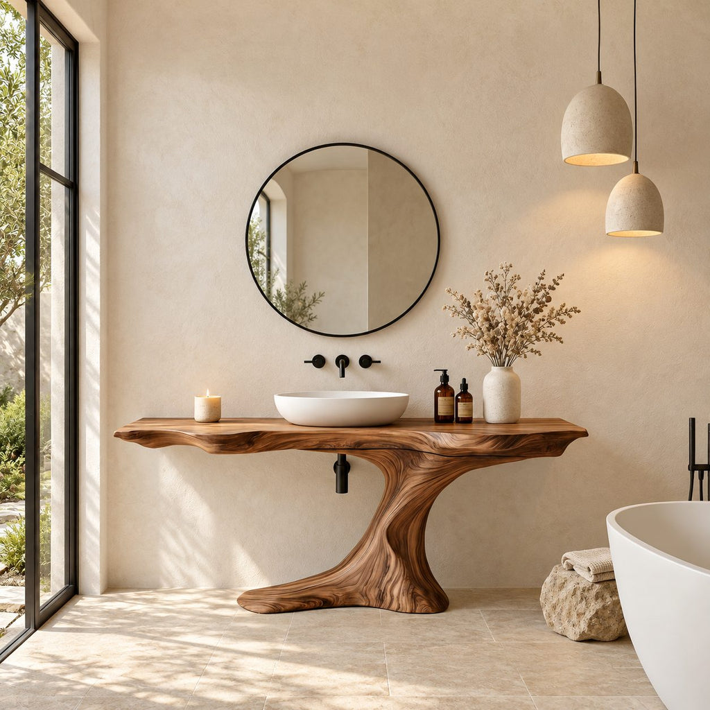 Sculptural Root Pedestal Bathroom Vanity 30-70 Inch, Flowing Wood Base with Long Live Edge Top