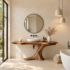 Sculptural Root Pedestal Bathroom Vanity 30-70 Inch, Flowing Wood Base with Long Live Edge Top