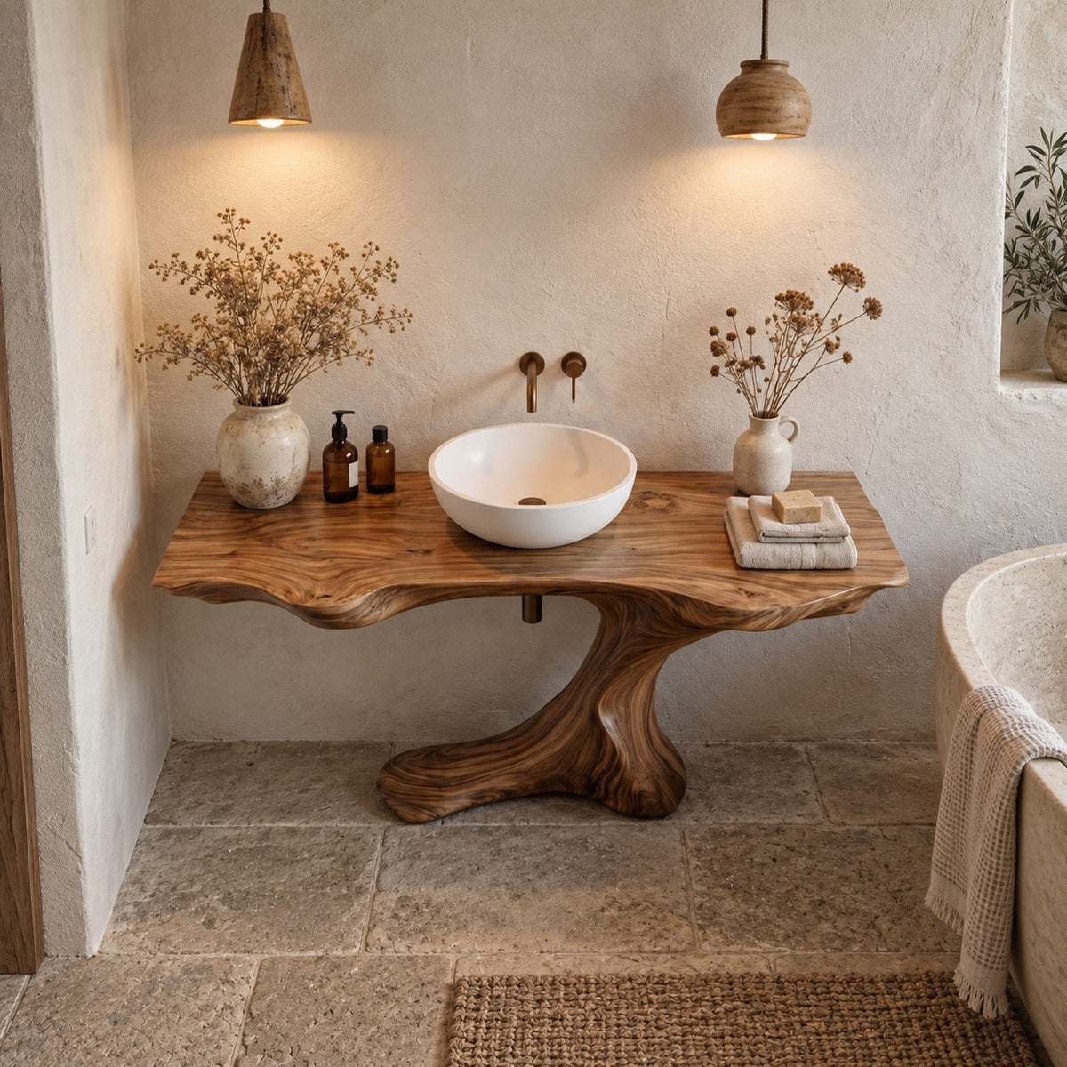 Sculptural Root Pedestal Bathroom Vanity 30-70 Inch, Flowing Wood Base with Long Live Edge Top