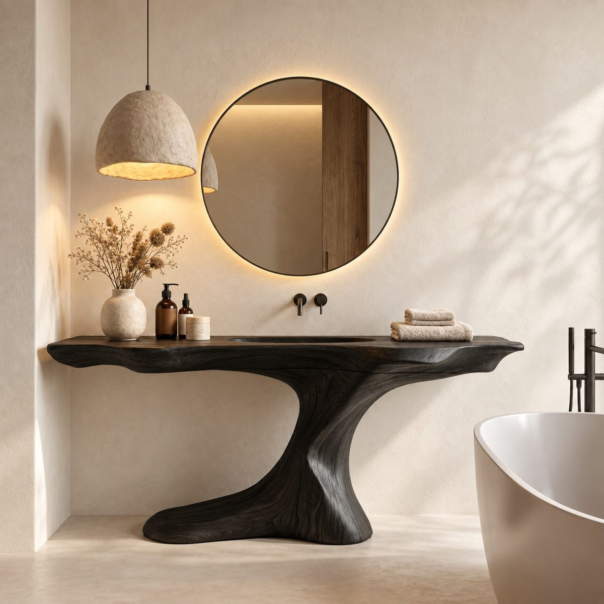 Sculptural Root Pedestal Bathroom Vanity 30-70 Inch, Flowing Wood Base with Long Live Edge Top