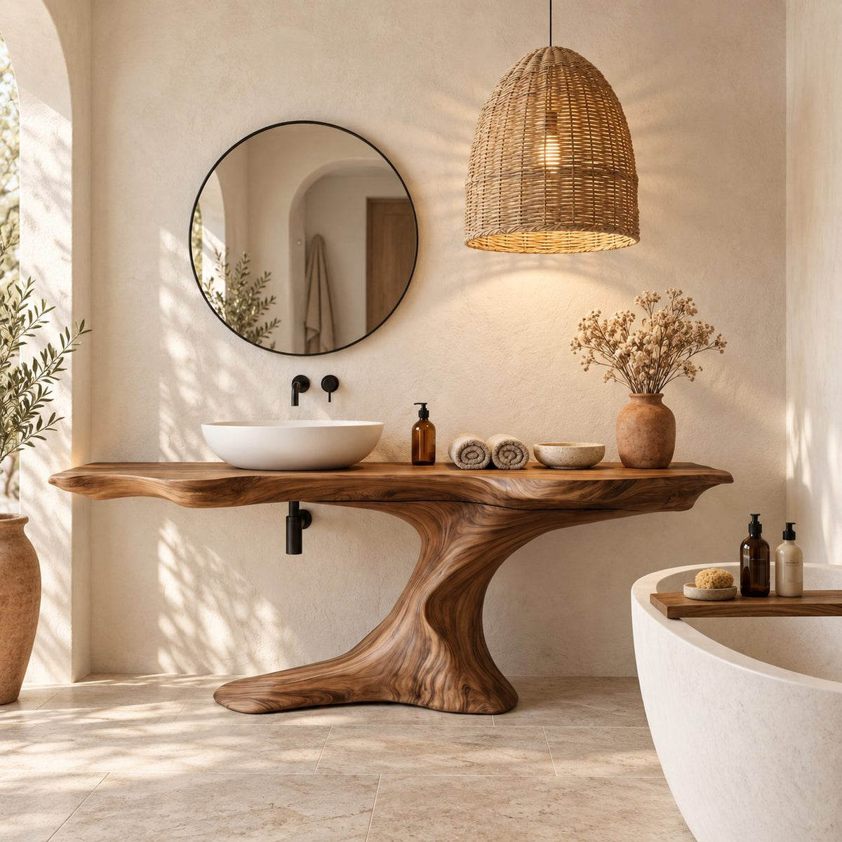 Sculptural Root Pedestal Bathroom Vanity 30-70 Inch, Flowing Wood Base with Long Live Edge Top