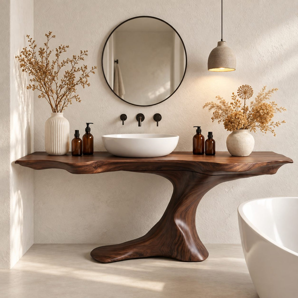 Sculptural Root Pedestal Bathroom Vanity 30-70 Inch, Flowing Wood Base with Long Live Edge Top