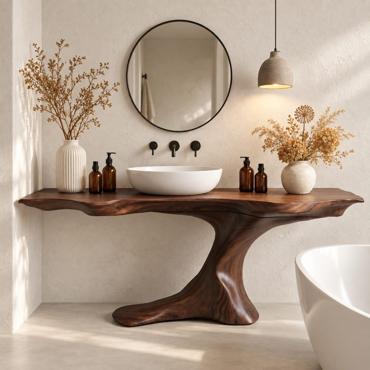 Sculptural Root Pedestal Bathroom Vanity 30-70 Inch, Flowing Wood Base with Long Live Edge Top