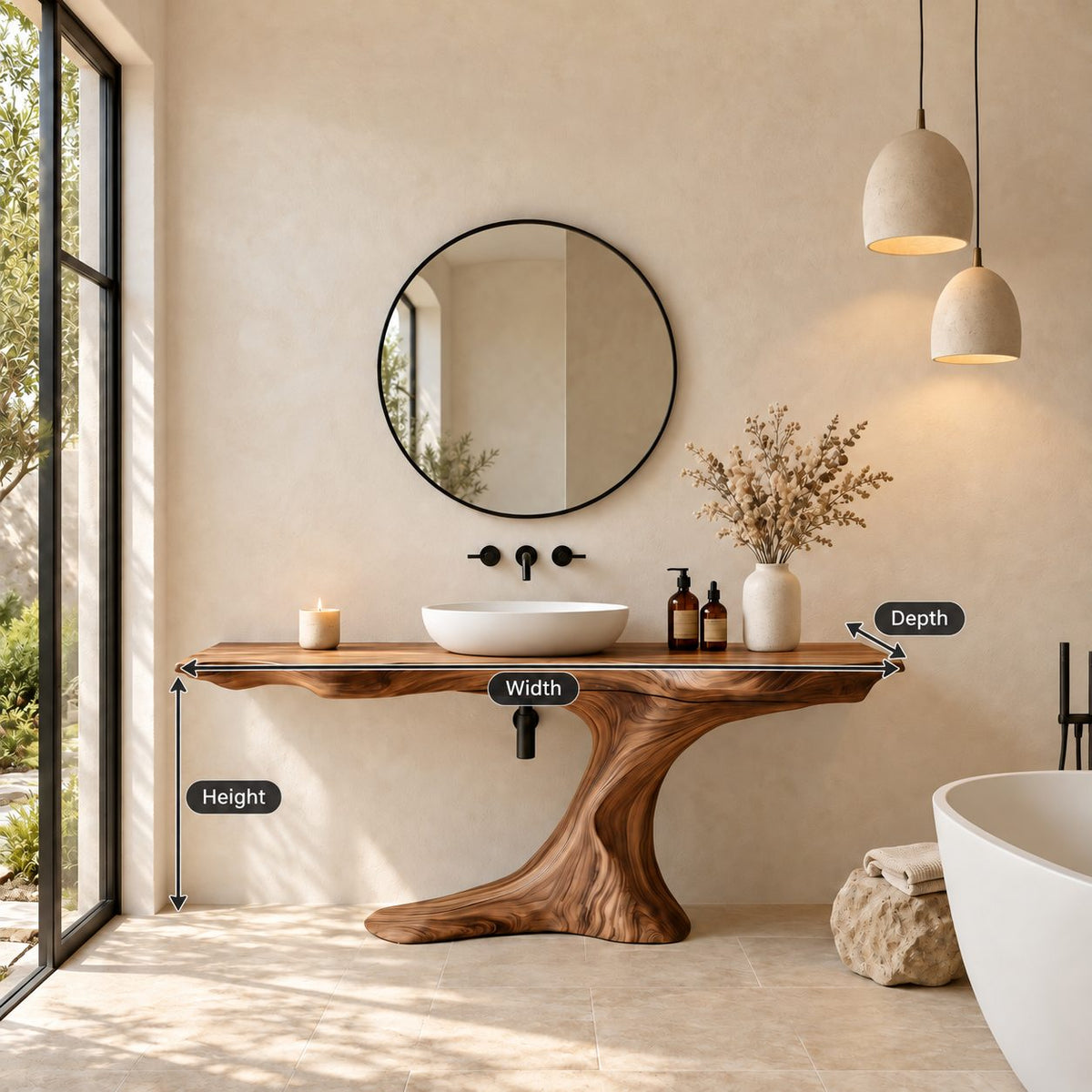 Sculptural Root Pedestal Bathroom Vanity 30-70 Inch, Flowing Wood Base with Long Live Edge Top