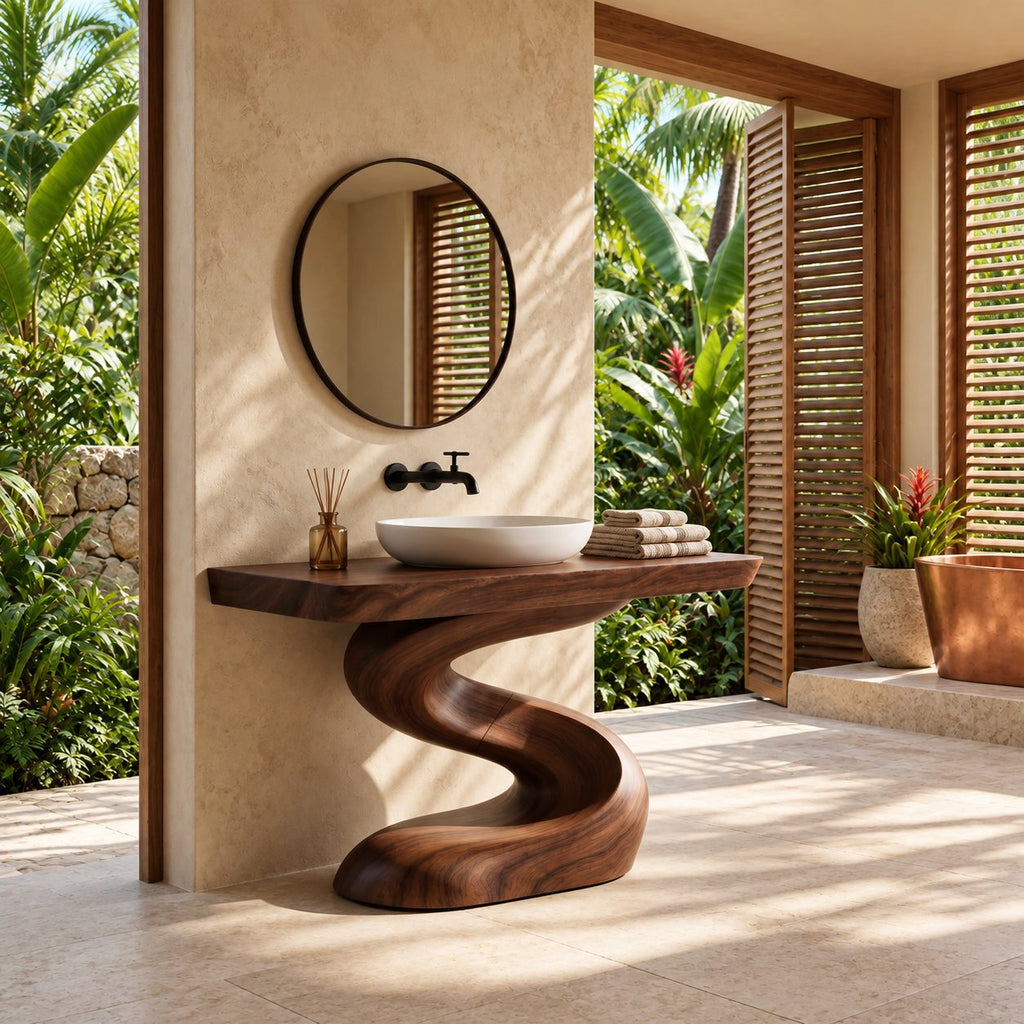 Serpentine Pedestal Bathroom Vanity 40-71 Inch, Spa Style S-Shaped Solid Wood Base and Thick Top