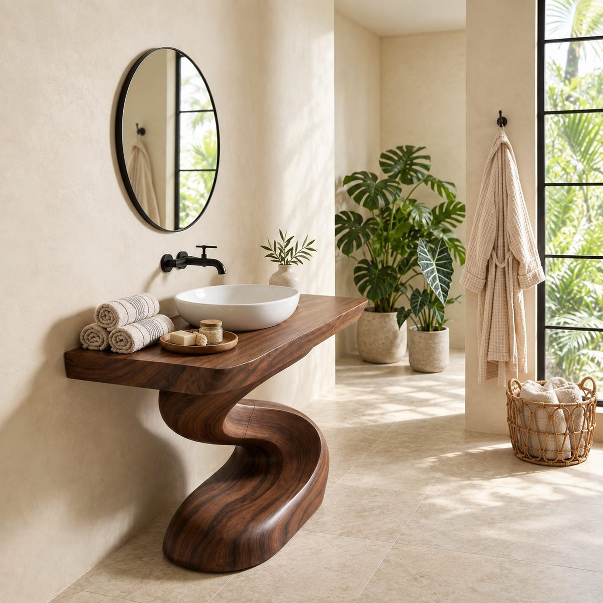 Serpentine Pedestal Bathroom Vanity 40-71 Inch, Spa Style S-Shaped Solid Wood Base and Thick Top