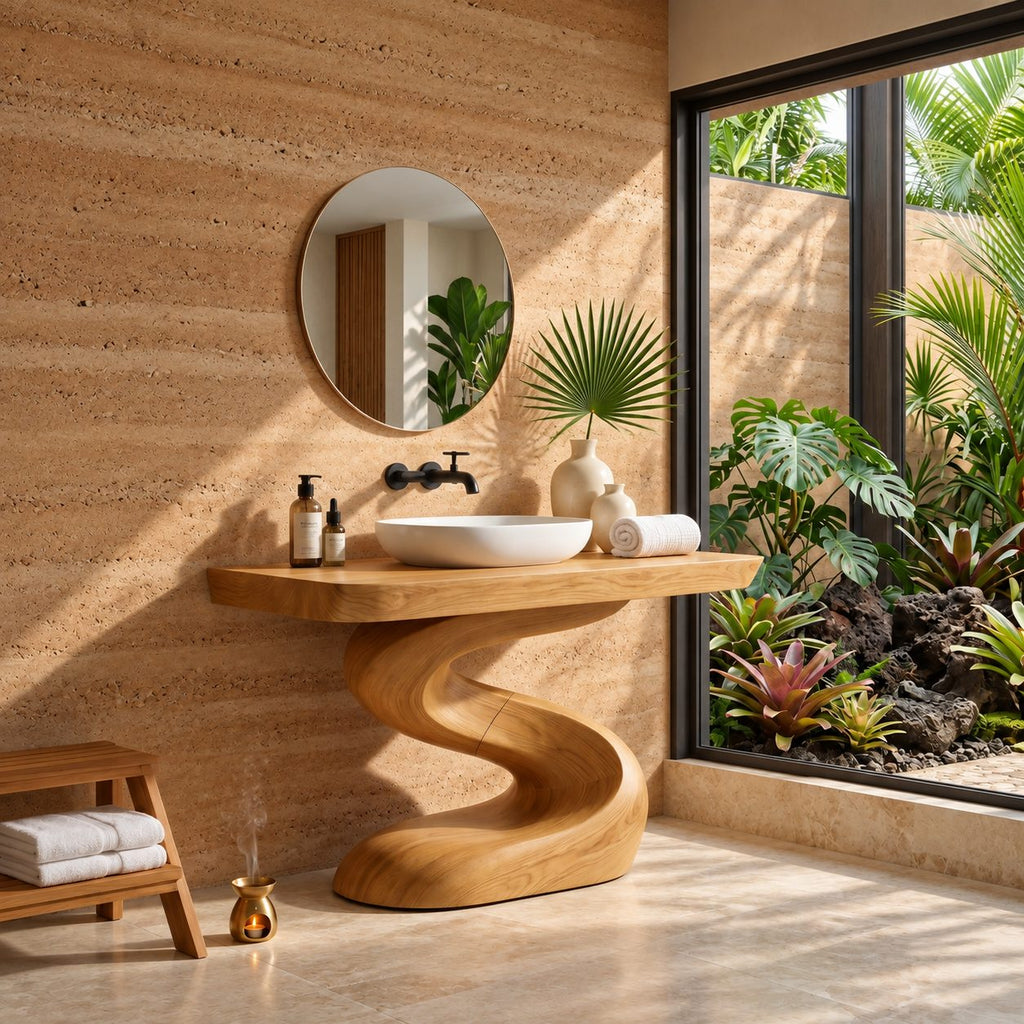 Serpentine Pedestal Bathroom Vanity 40-71 Inch, Spa Style S-Shaped Solid Wood Base and Thick Top