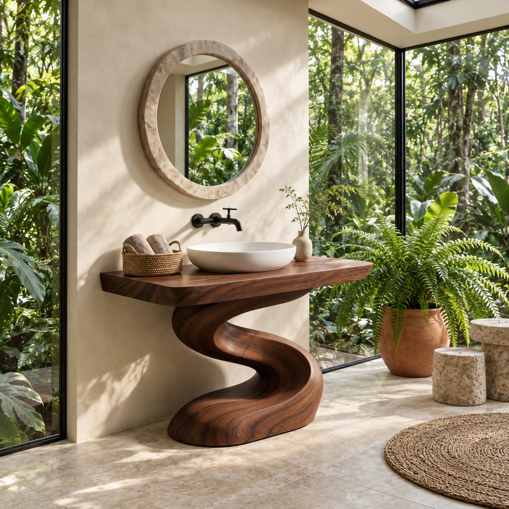 Serpentine Pedestal Bathroom Vanity 40-71 Inch, Spa Style S-Shaped Solid Wood Base and Thick Top