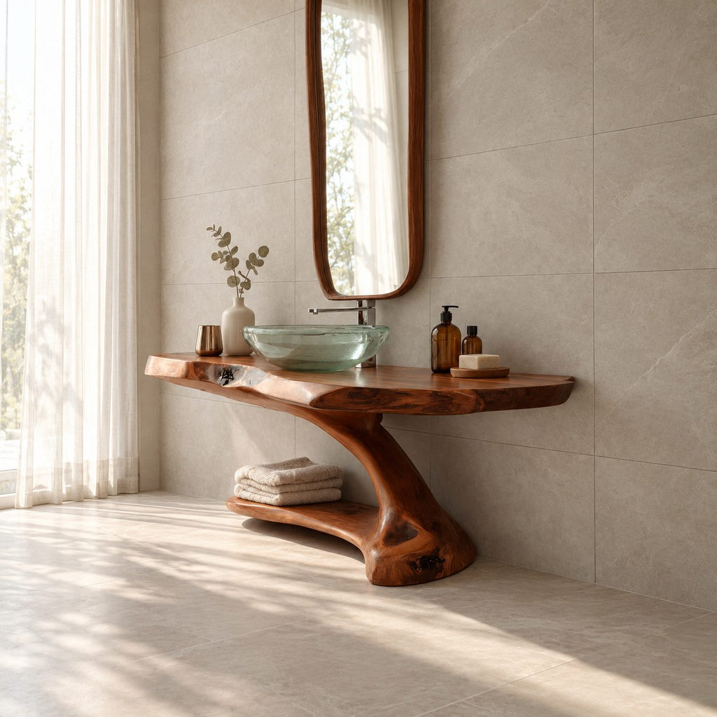 Cantilever Bathroom Washstand 30-70 Inch, Wall Supported Live Edge Top and Lower Shelf on a Curved Leg