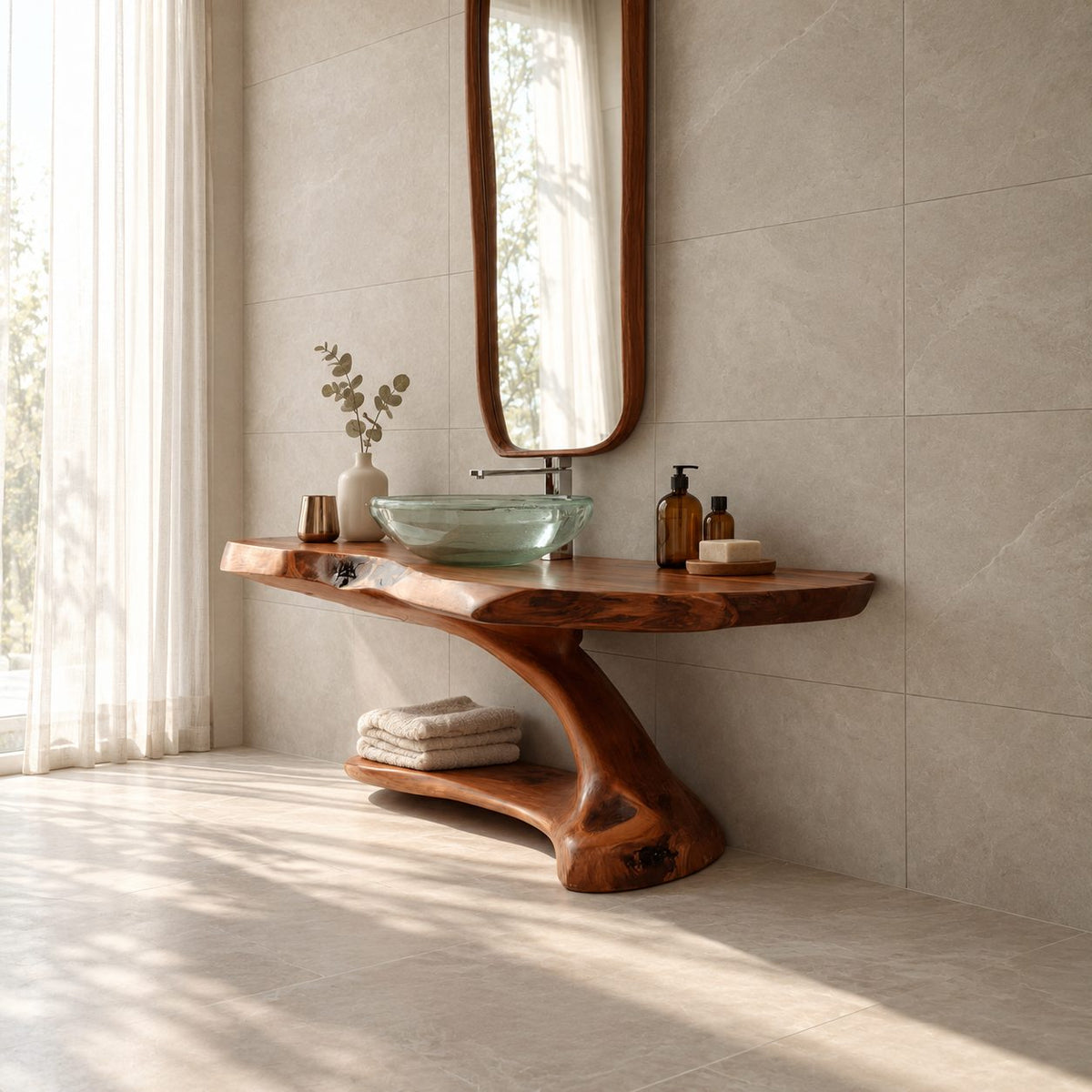 Cantilever Bathroom Washstand 30-70 Inch, Wall Supported Live Edge Top and Lower Shelf on a Curved Leg