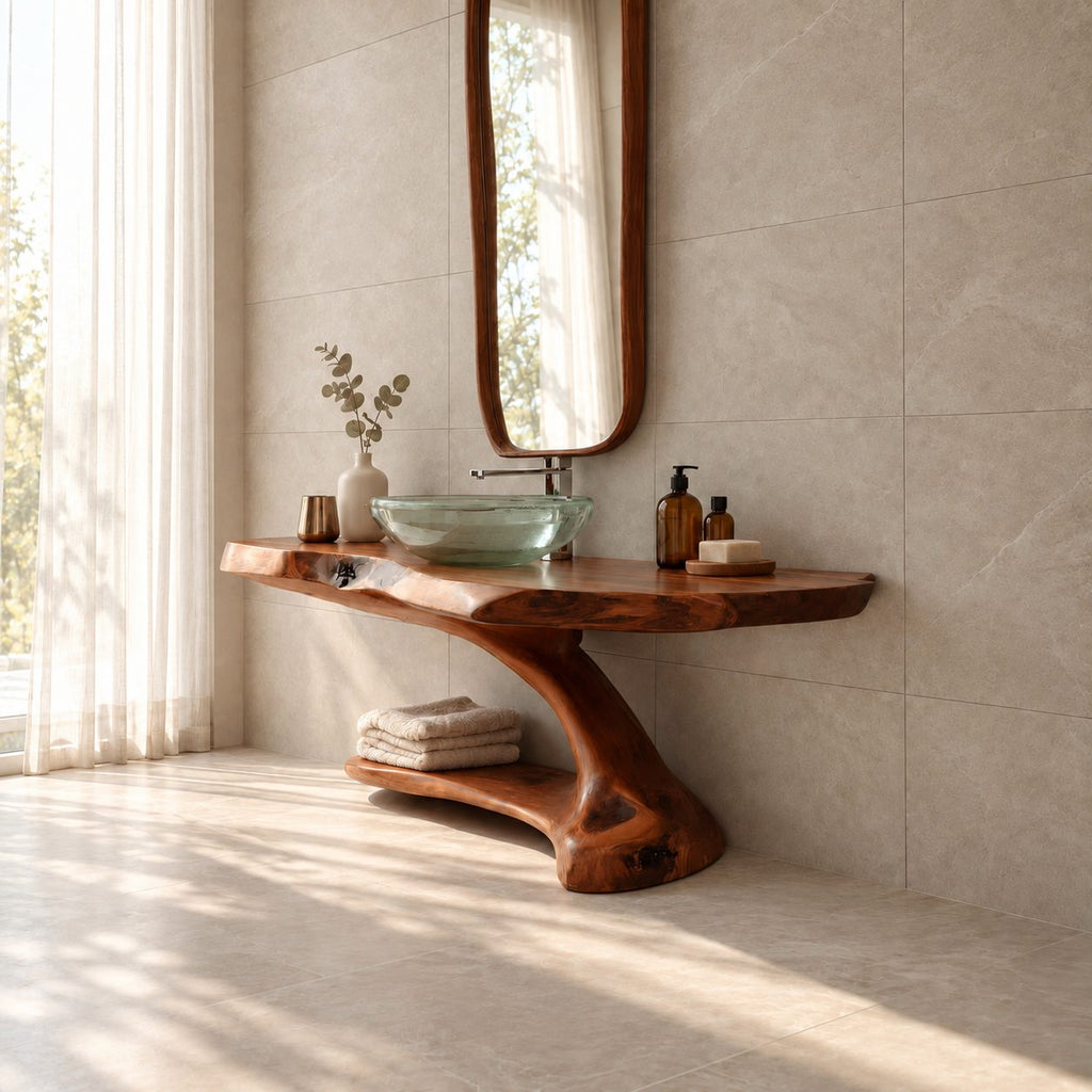 Cantilever Bathroom Washstand 30-70 Inch, Wall Supported Live Edge Top and Lower Shelf on a Curved Leg