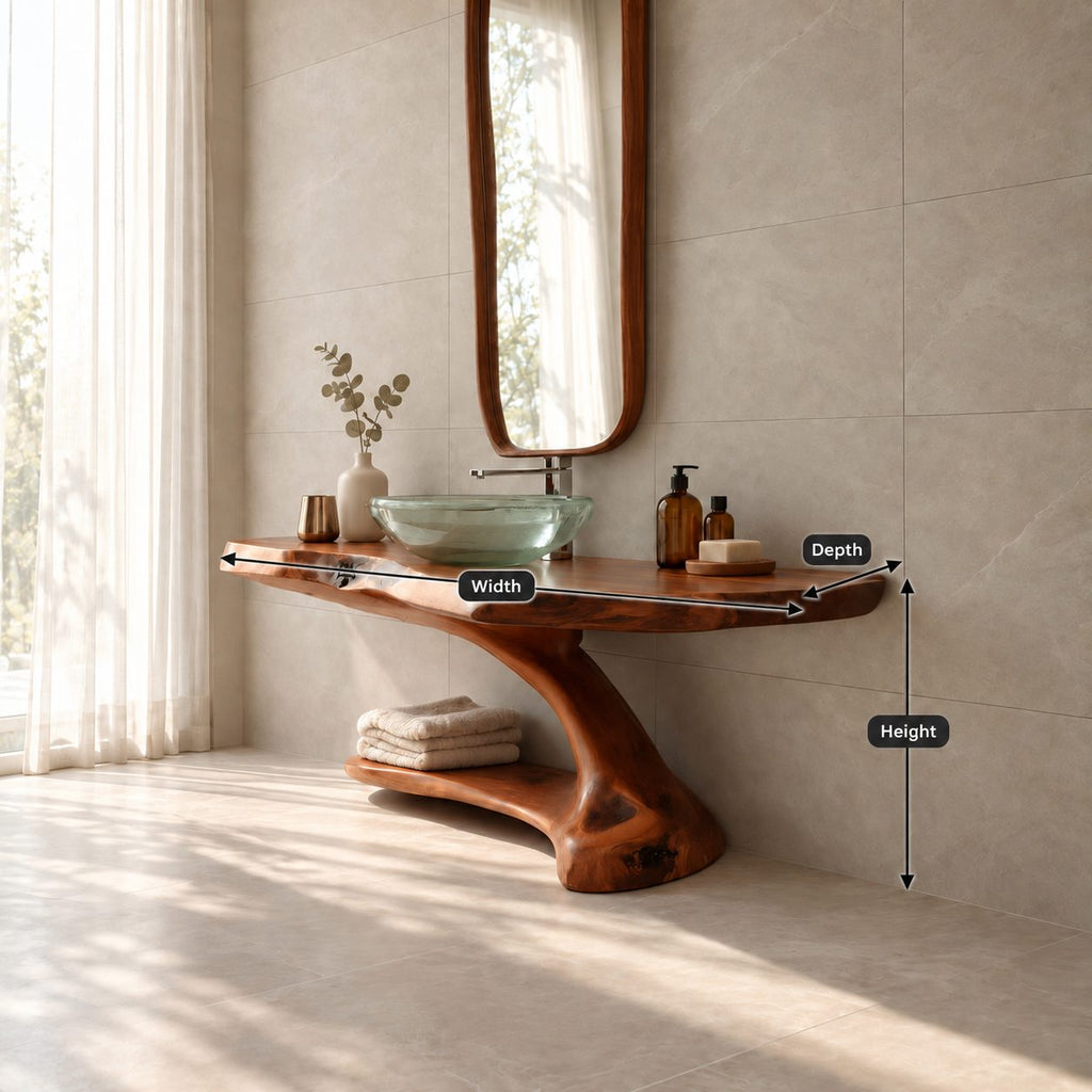 Cantilever Bathroom Washstand 30-70 Inch, Wall Supported Live Edge Top and Lower Shelf on a Curved Leg