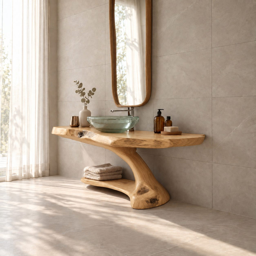 Cantilever Bathroom Washstand 30-70 Inch, Wall Supported Live Edge Top and Lower Shelf on a Curved Leg