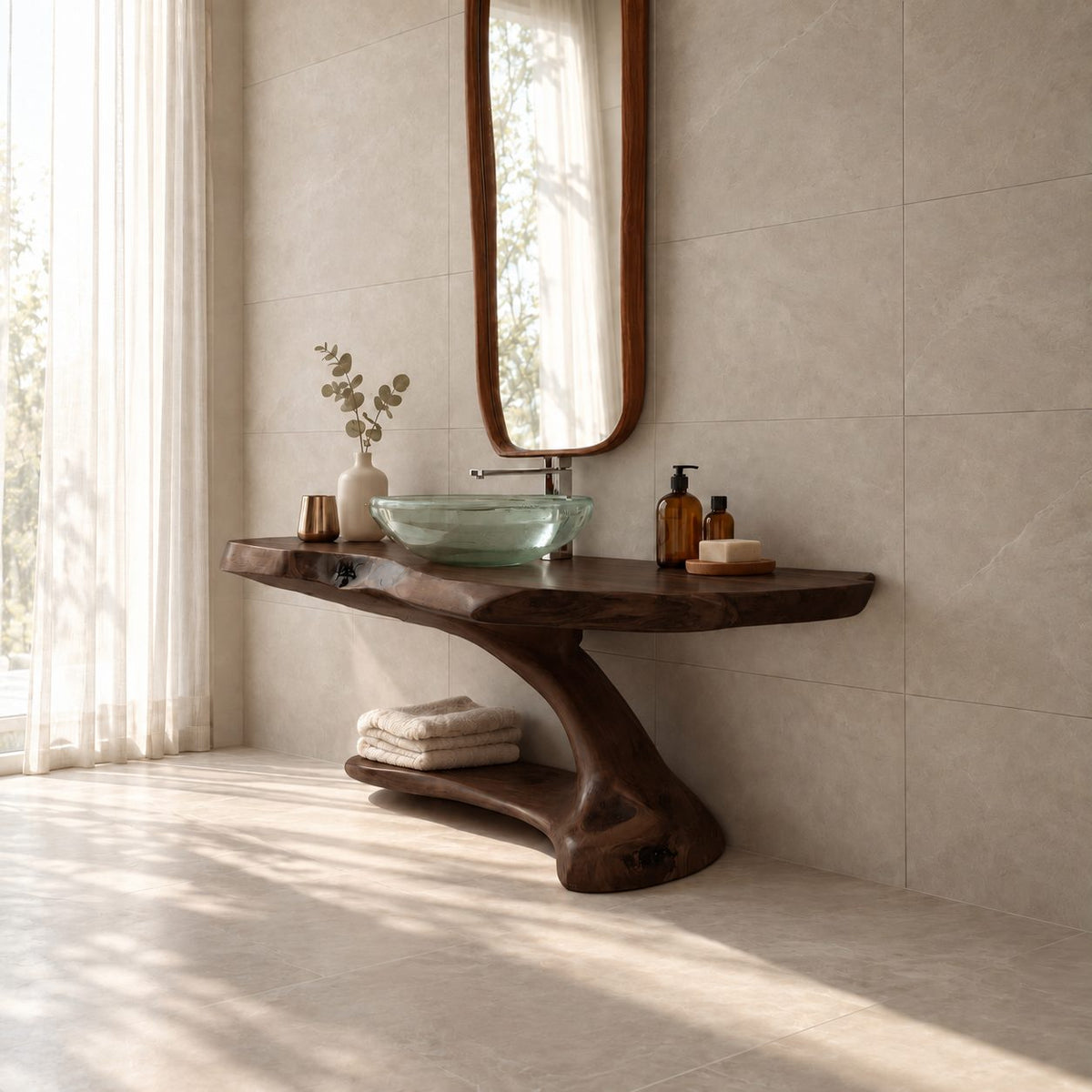 Cantilever Bathroom Washstand 30-70 Inch, Wall Supported Live Edge Top and Lower Shelf on a Curved Leg