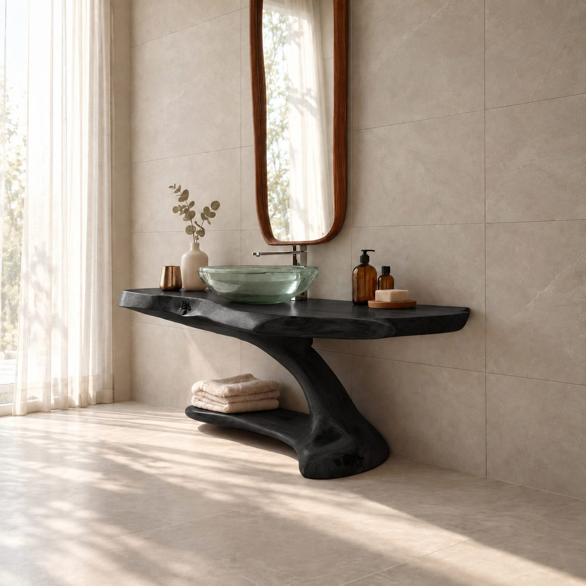 Cantilever Bathroom Washstand 30-70 Inch, Wall Supported Live Edge Top and Lower Shelf on a Curved Leg