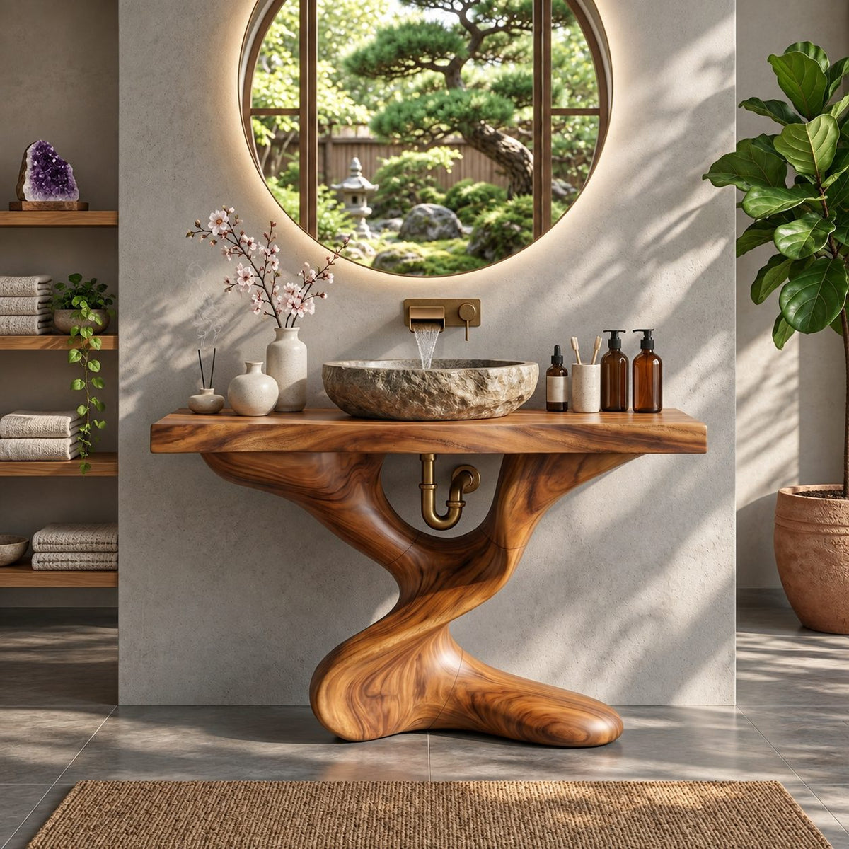 Twisted Pedestal Bathroom Vanity 30-80 Inch, Hand Carved Organic Wood Base with Thick Slab Top