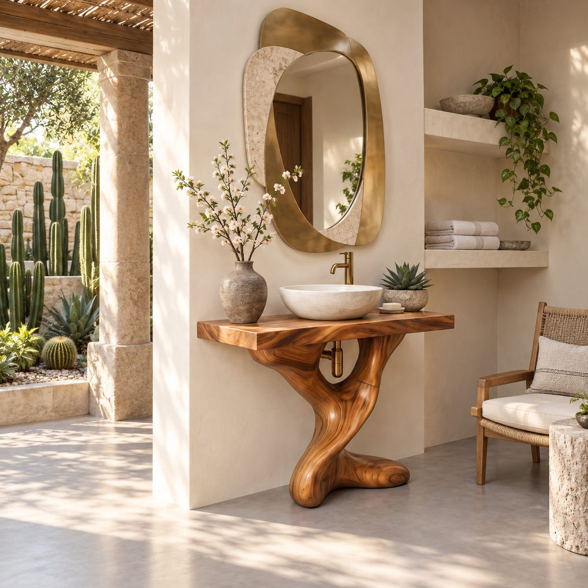 Twisted Pedestal Bathroom Vanity 30-80 Inch, Hand Carved Organic Wood Base with Thick Slab Top