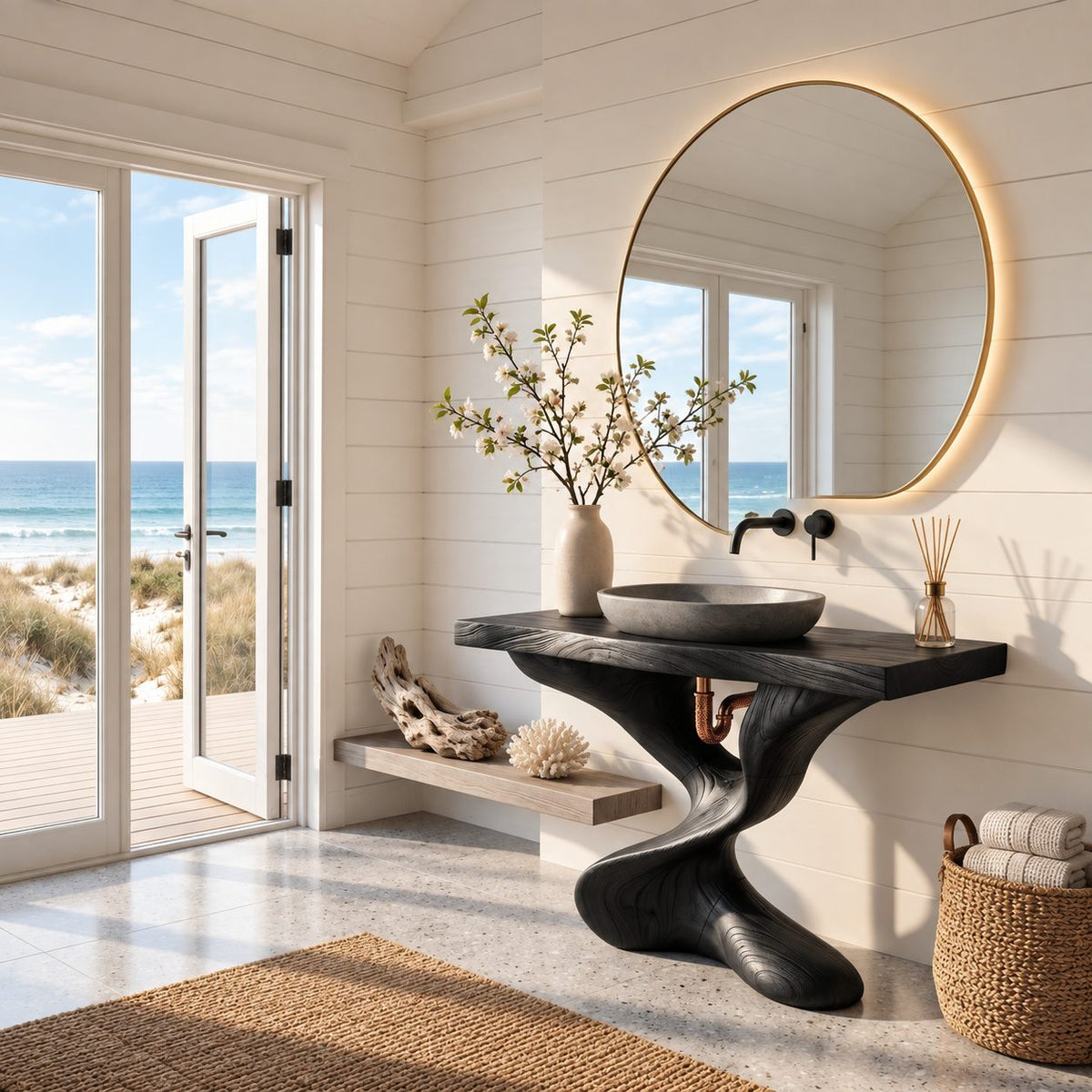 Twisted Pedestal Bathroom Vanity 30-80 Inch, Hand Carved Organic Wood Base with Thick Slab Top