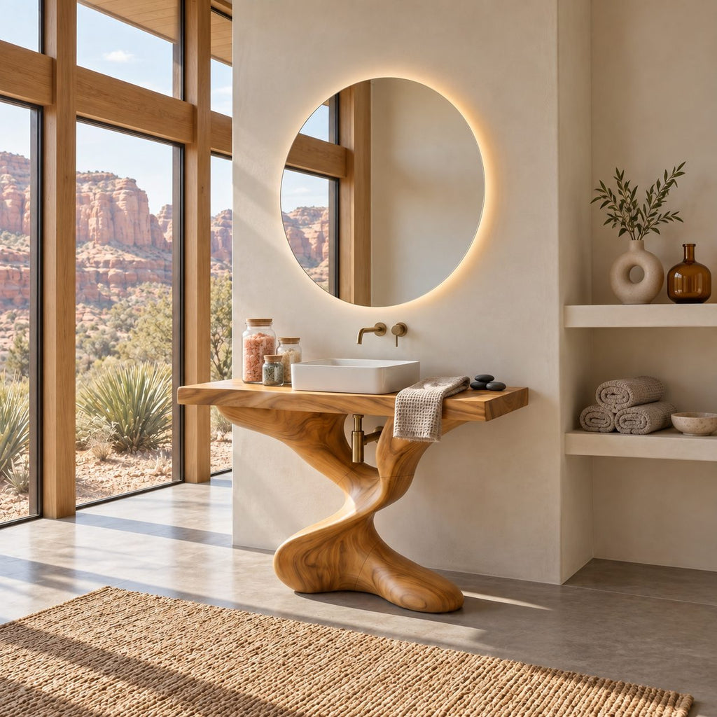 Twisted Pedestal Bathroom Vanity 30-80 Inch, Hand Carved Organic Wood Base with Thick Slab Top
