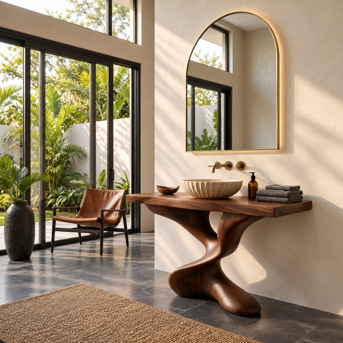 Twisted Pedestal Bathroom Vanity 30-80 Inch, Hand Carved Organic Wood Base with Thick Slab Top