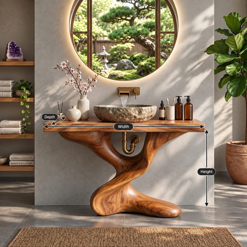Twisted Pedestal Bathroom Vanity 30-80 Inch, Hand Carved Organic Wood Base with Thick Slab Top
