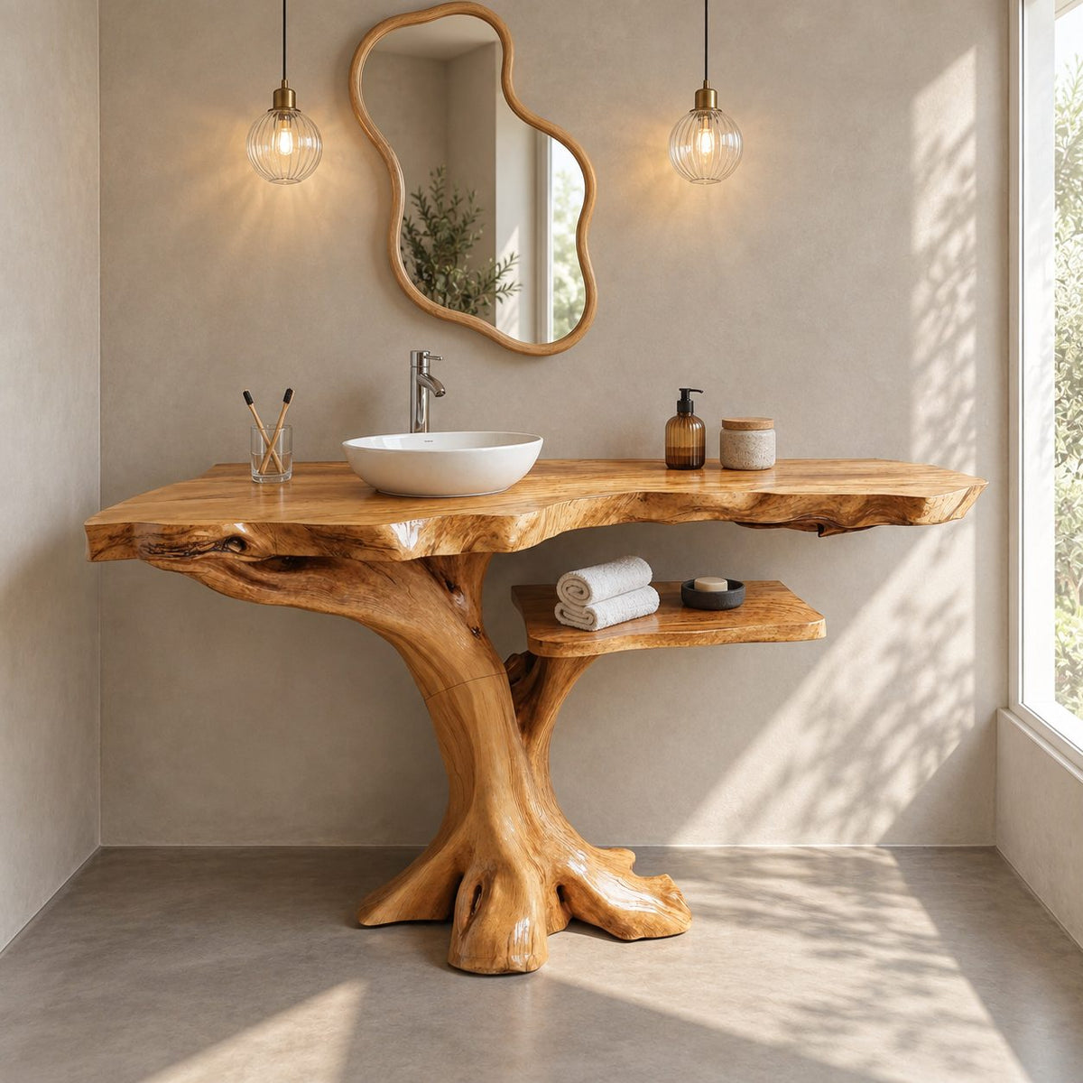 Live Edge Tree Bathroom Vanity 40-80 Inch, Root Foot Trunk Base with One Open Side Shelf