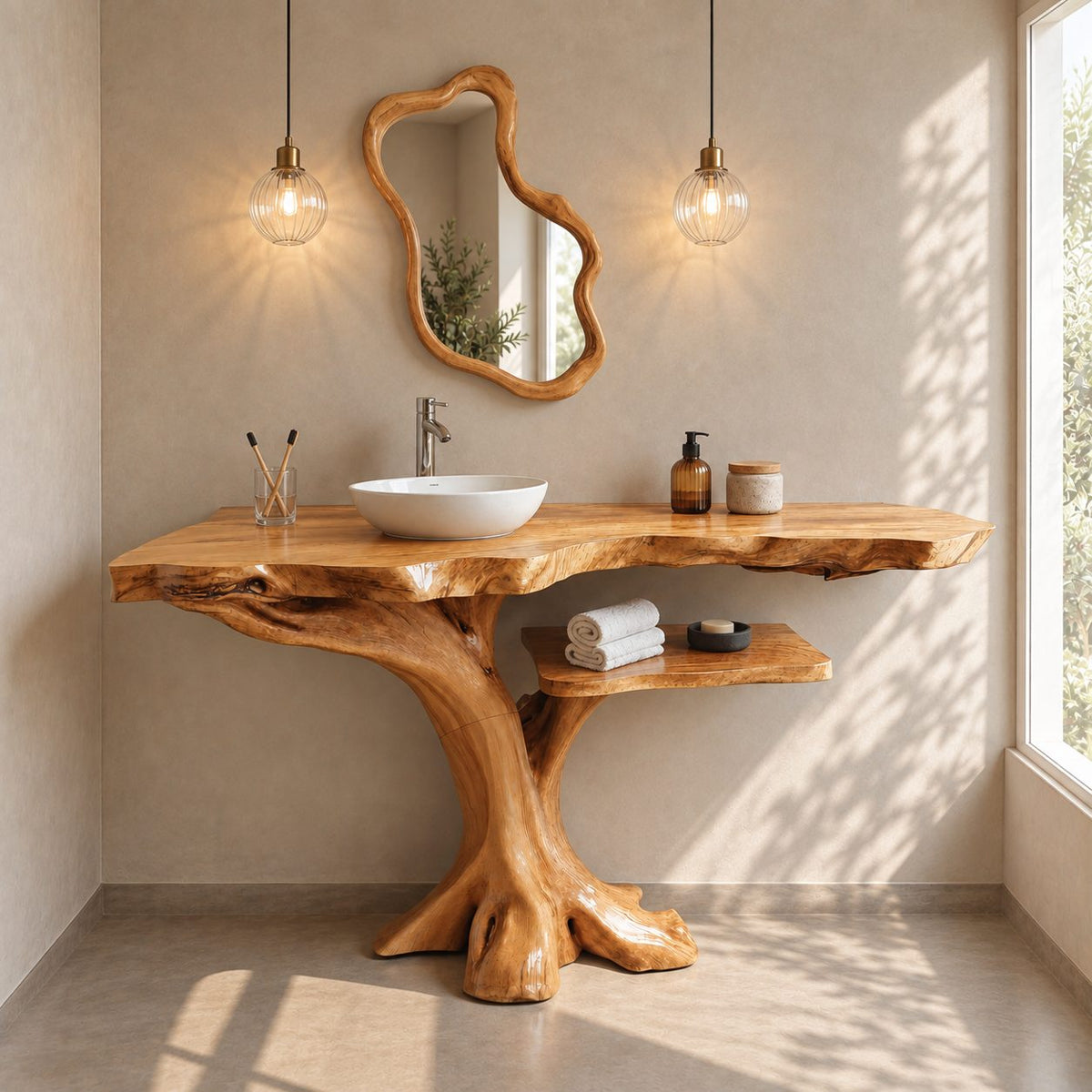 Live Edge Tree Bathroom Vanity 40-80 Inch, Root Foot Trunk Base with One Open Side Shelf