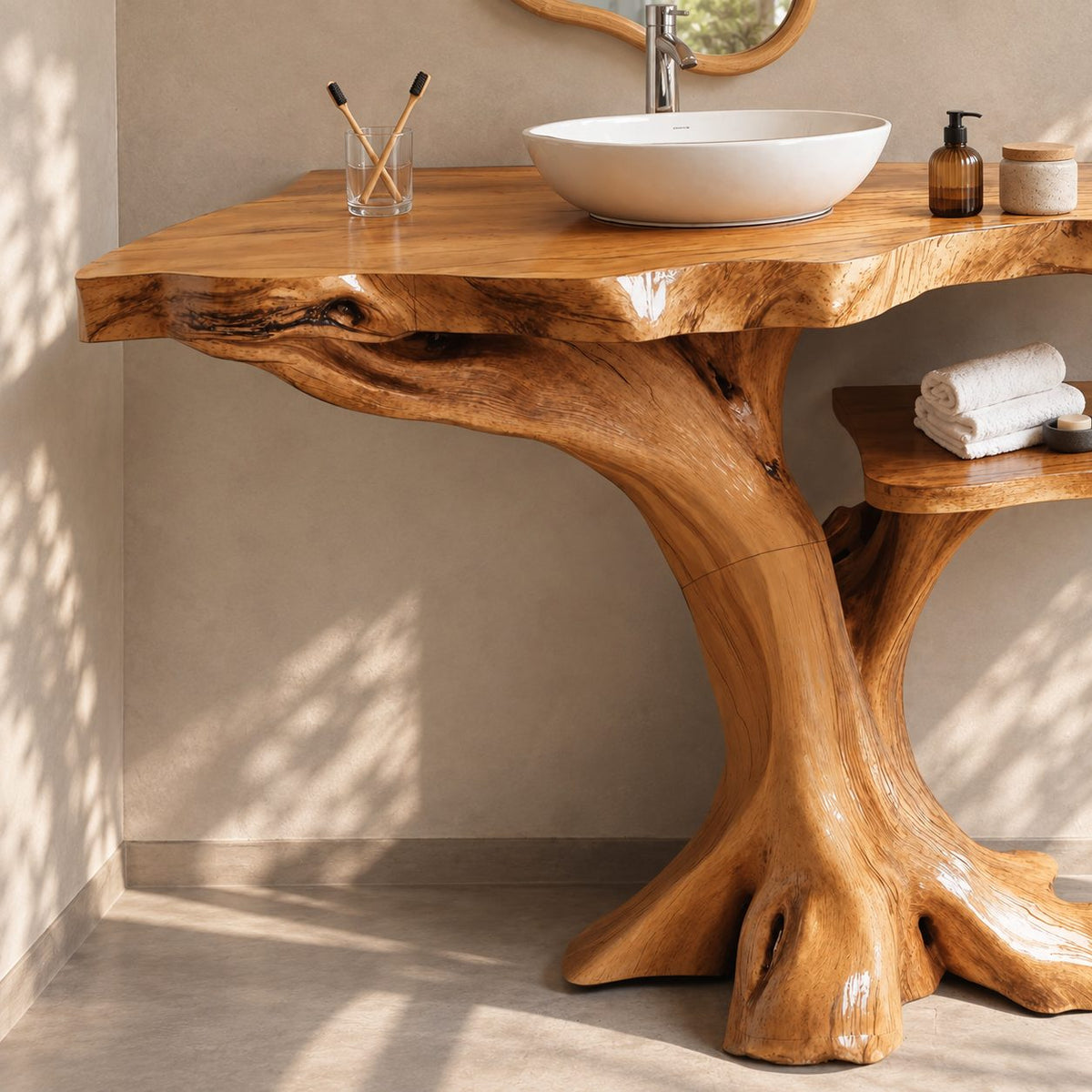 Live Edge Tree Bathroom Vanity 40-80 Inch, Root Foot Trunk Base with One Open Side Shelf