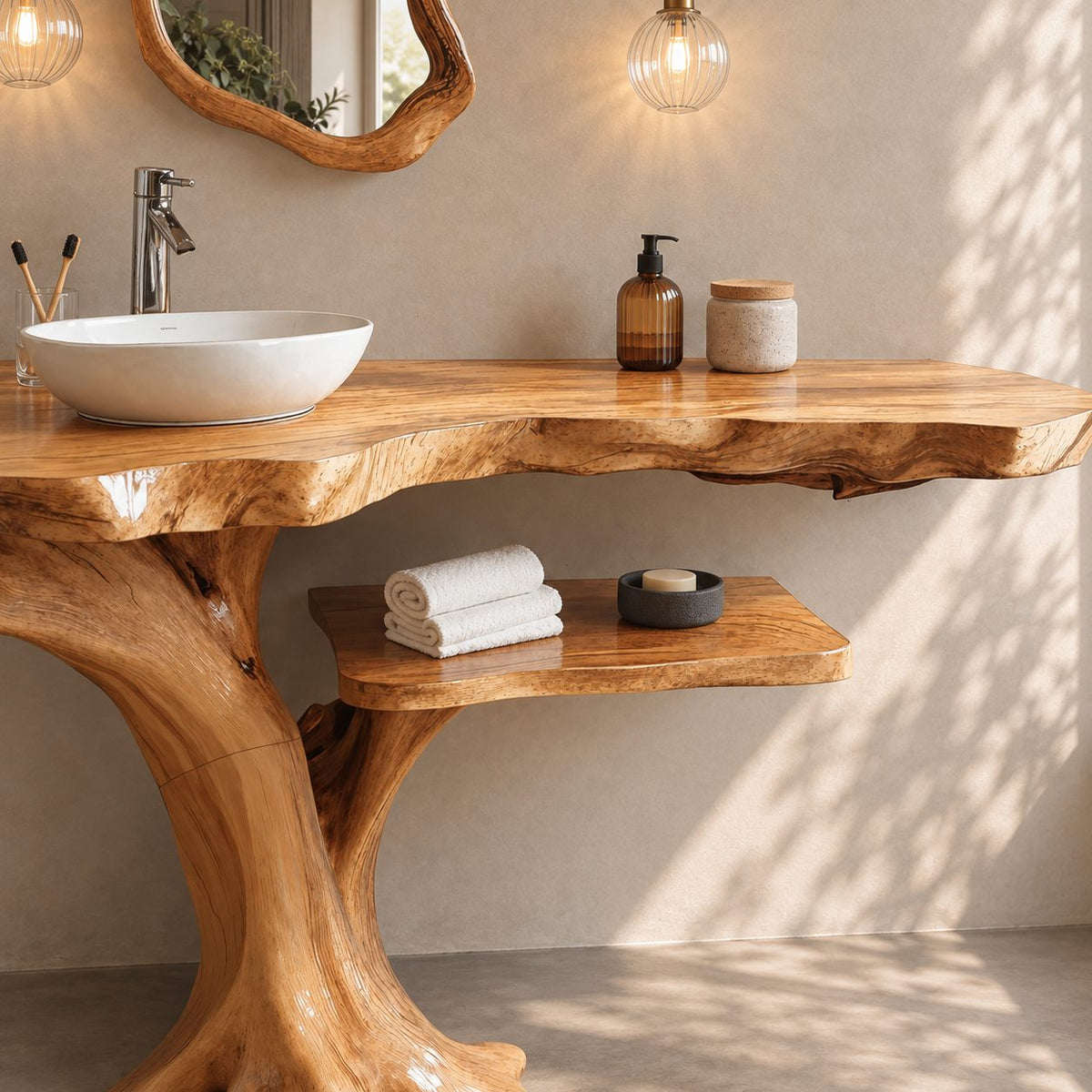 Live Edge Tree Bathroom Vanity 40-80 Inch, Root Foot Trunk Base with One Open Side Shelf