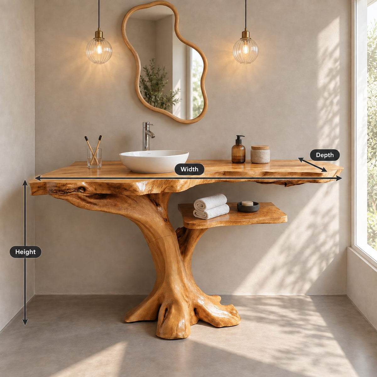 Live Edge Tree Bathroom Vanity 40-80 Inch, Root Foot Trunk Base with One Open Side Shelf