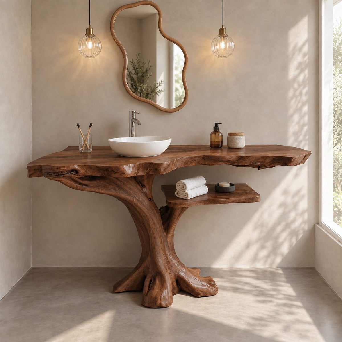 Live Edge Tree Bathroom Vanity 40-80 Inch, Root Foot Trunk Base with One Open Side Shelf