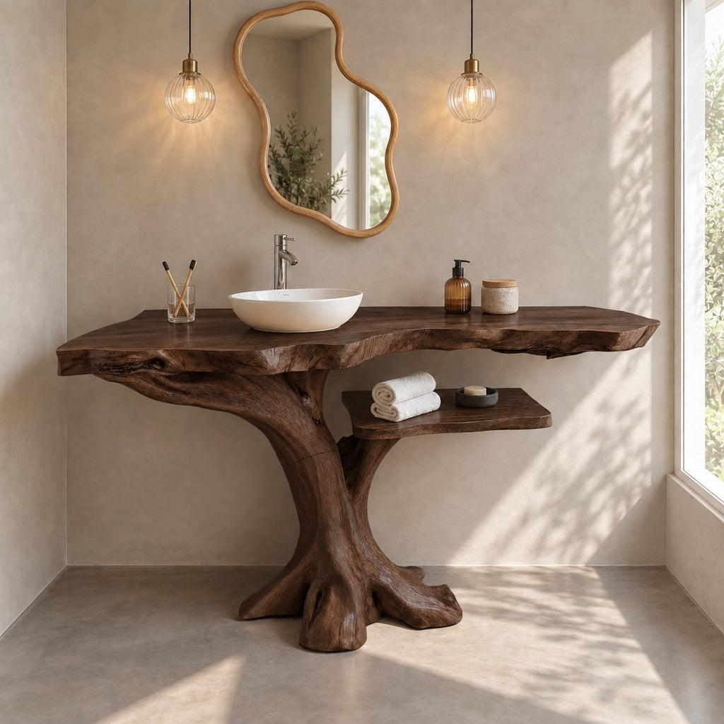 Live Edge Tree Bathroom Vanity 40-80 Inch, Root Foot Trunk Base with One Open Side Shelf
