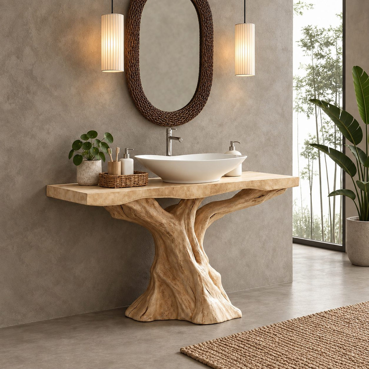 Sculpted Trunk Bathroom Vanity 30-80 Inch, Single Driftwood Pedestal Base with Thick Live Edge Top