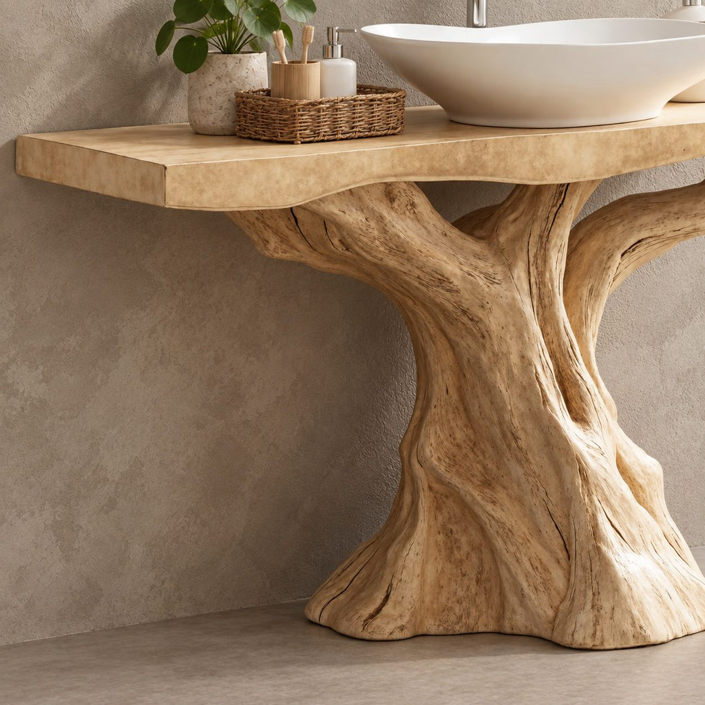 Sculpted Trunk Bathroom Vanity 30-80 Inch, Single Driftwood Pedestal Base with Thick Live Edge Top